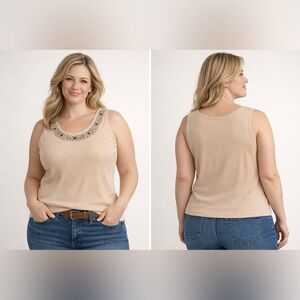 Villager (a Liz Claiborne company) Beige Ribbed Embroidered Neckline Tank – XL